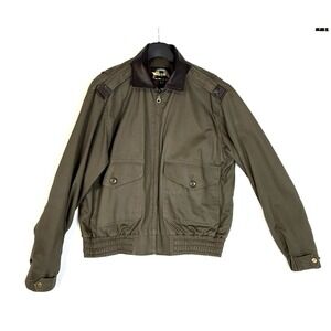 Cooper Bomber Jacket L Dark Green Cotton Leather Accents USA *Broken Pocket Pull